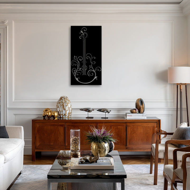 Plush, light-colored sofa cushions provide a soft contrast to the elegant guitar silhouette metal wall decor in a modern living room setting.