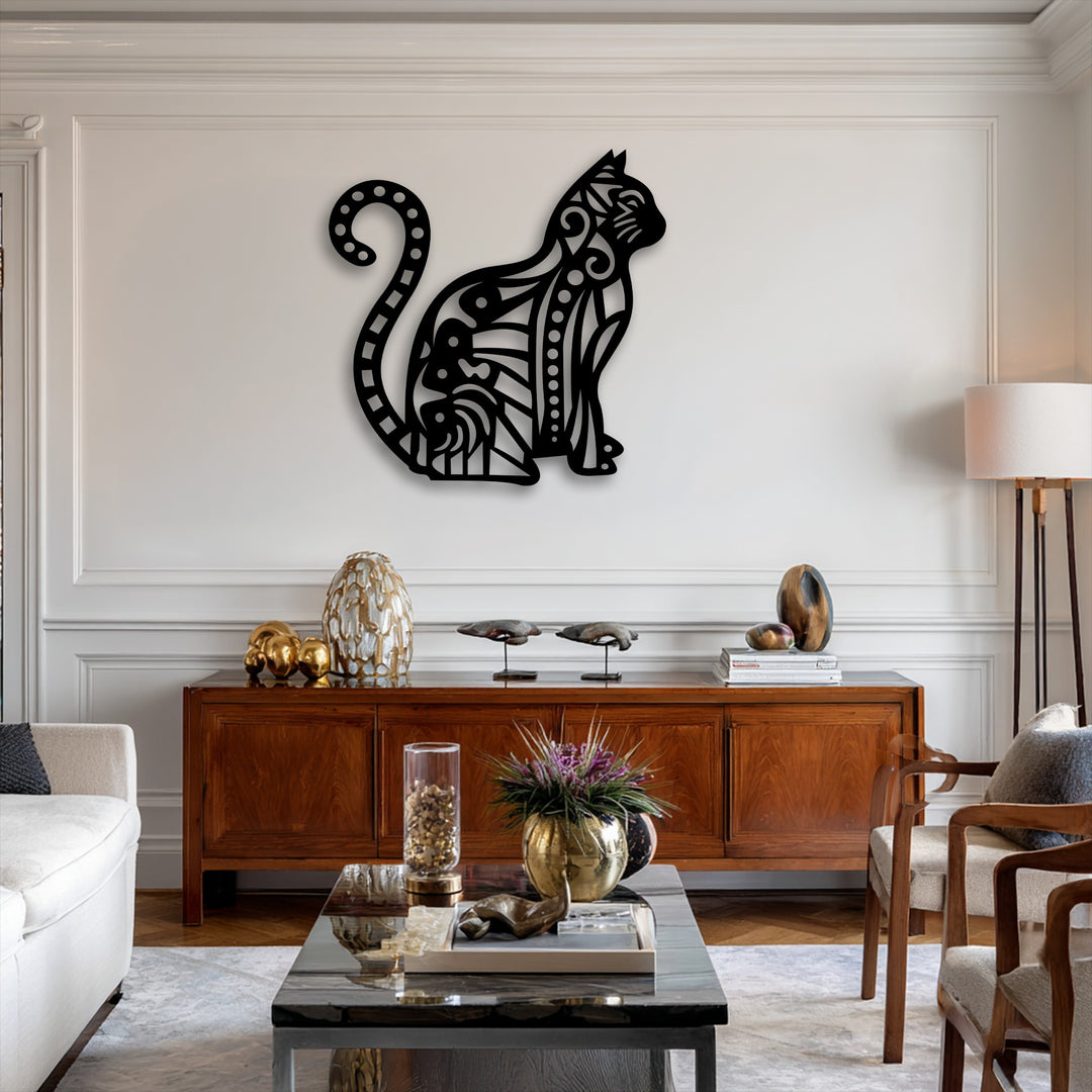 Expertly crafted, this unique metal wall art featuring an ornamental cat silhouette highlights superior material quality.