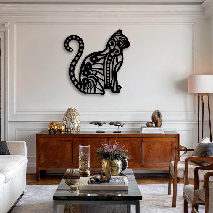 Expertly crafted, this unique metal wall art featuring an ornamental cat silhouette highlights superior material quality.
