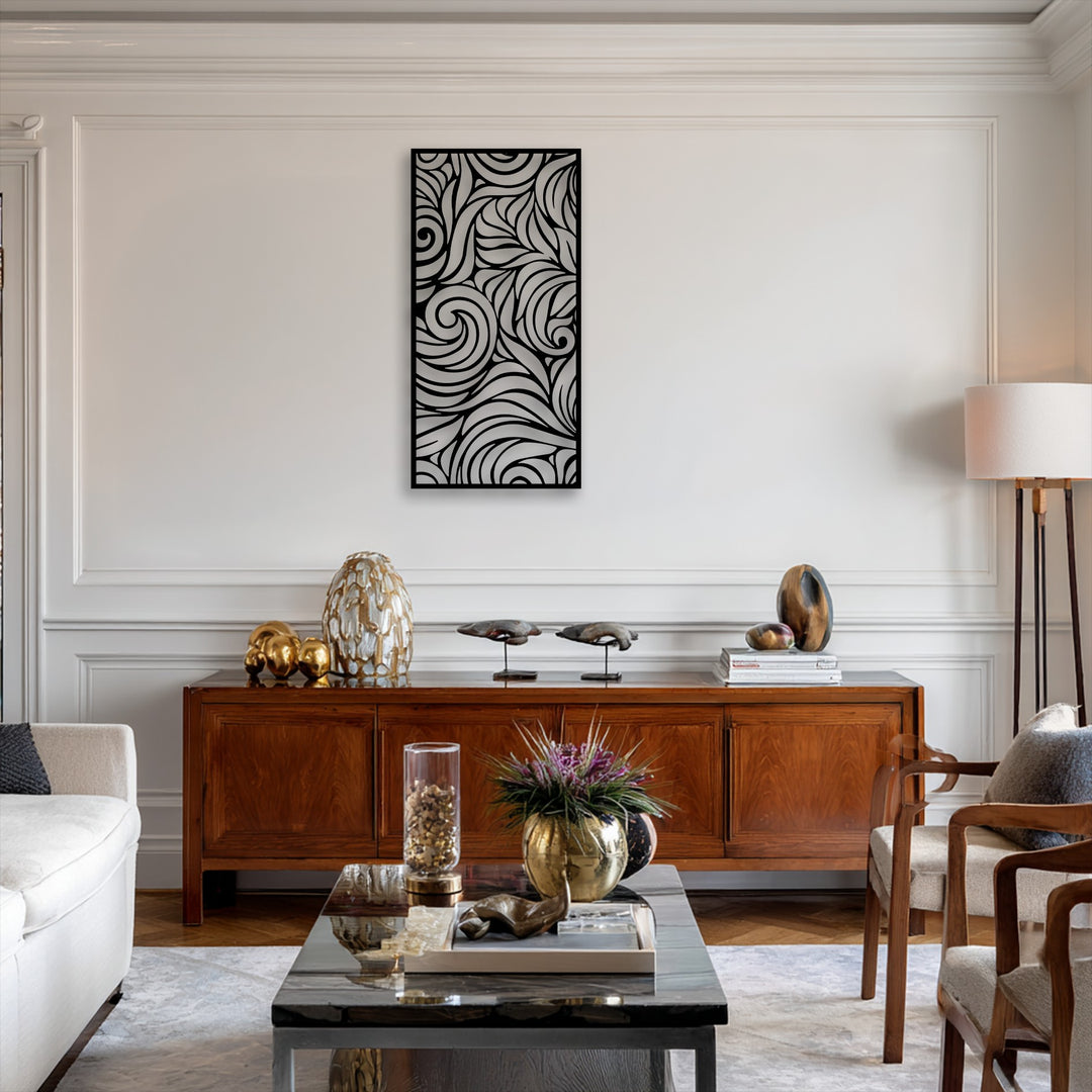 The refined living space exudes a serene mood with its elegant abstract swirl metal wall decor, complementing the sophisticated interior design.