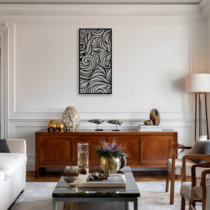 The refined living space exudes a serene mood with its elegant abstract swirl metal wall decor, complementing the sophisticated interior design.