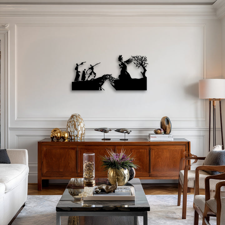 The crisp, distinct edges of the mythological creation metal art for wall clearly define the dramatic silhouettes against a light background.