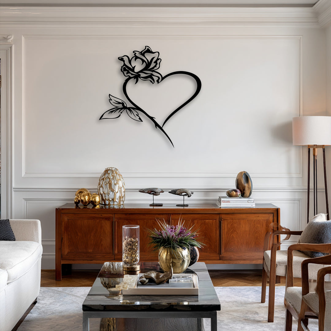 The distinct contrast between the deep black outline of the elegant rose heart metal art for wall and the luminous white background highlights a striking color transition.