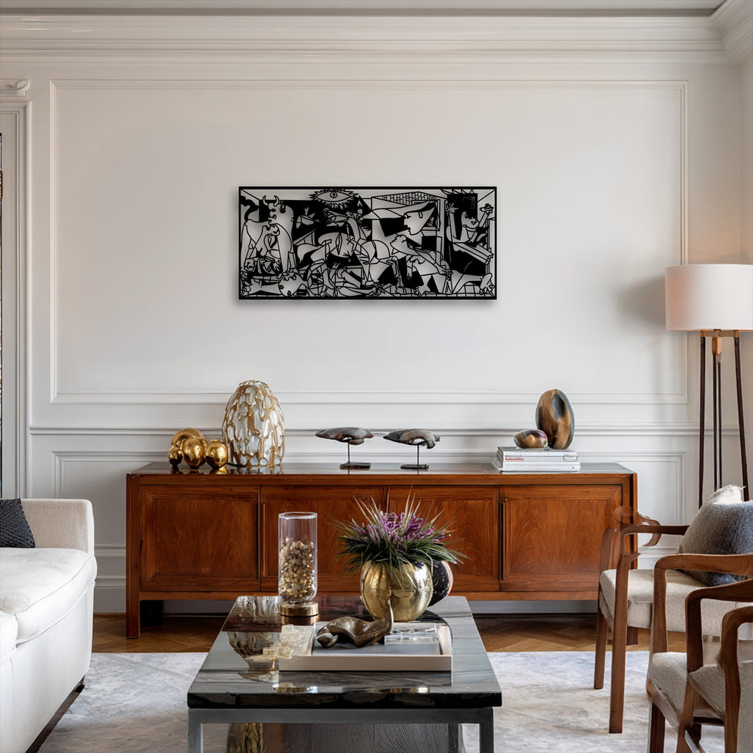 Light and shadow dramatically emphasize the intricate lines of the Guernica-Inspired Abstract Panel, a striking decorative metal art piece.