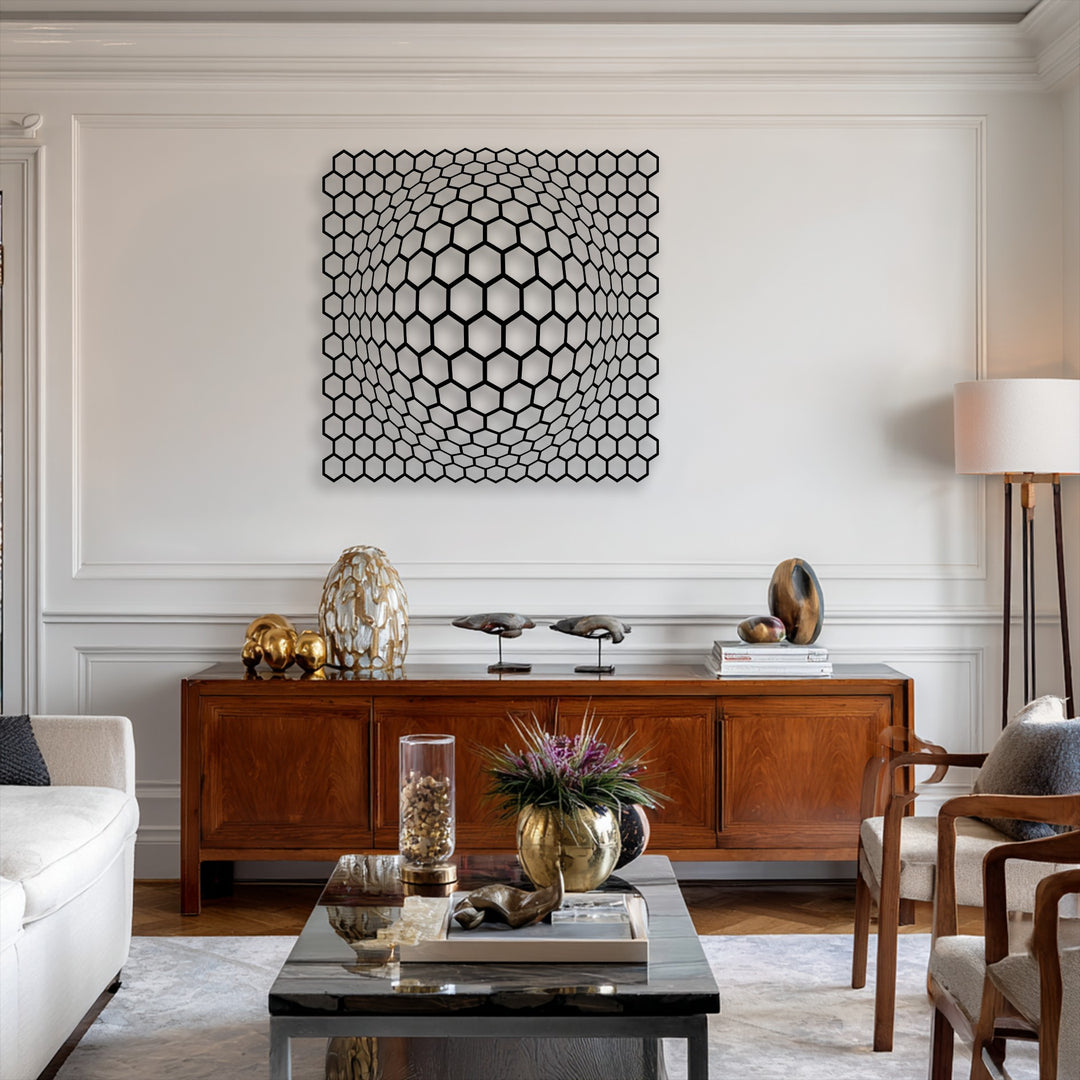 The striking geometric hexagon grid forms a captivating 3D depth illusion, making this unique metal wall art a modern focal point.