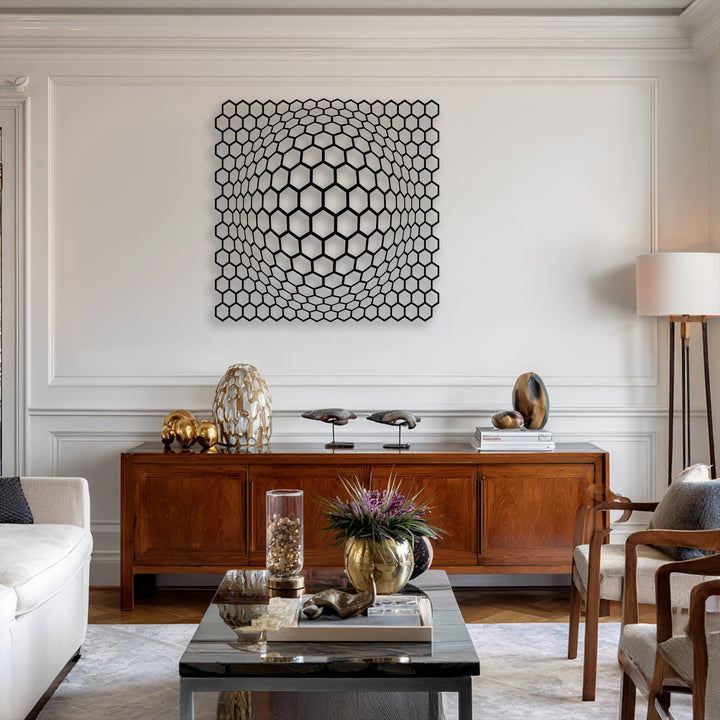 The striking geometric hexagon grid forms a captivating 3D depth illusion, making this unique metal wall art a modern focal point.