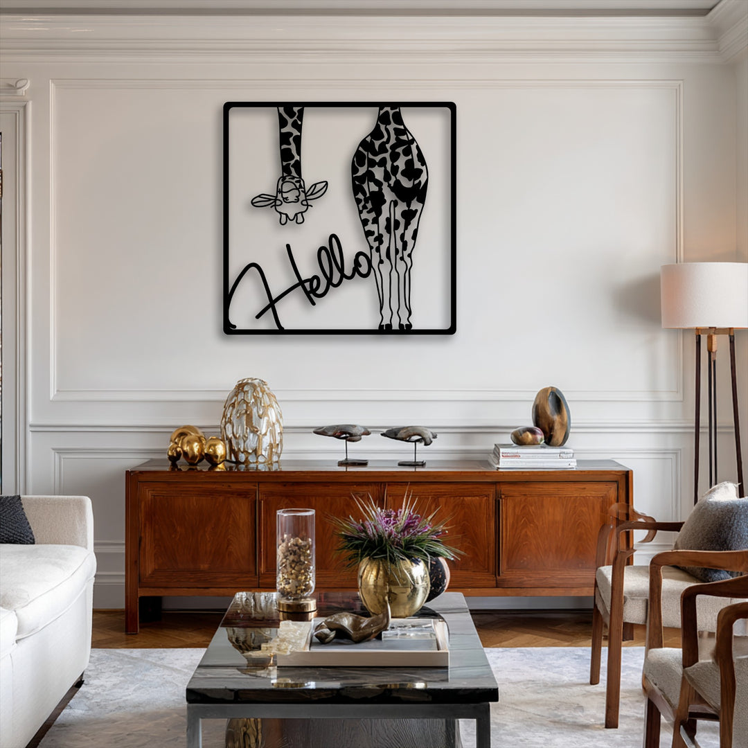 The loudest element is the prominent black decorative metal art featuring a playful giraffe peeking and 'Hello' text, a delightful piece for modern interiors.