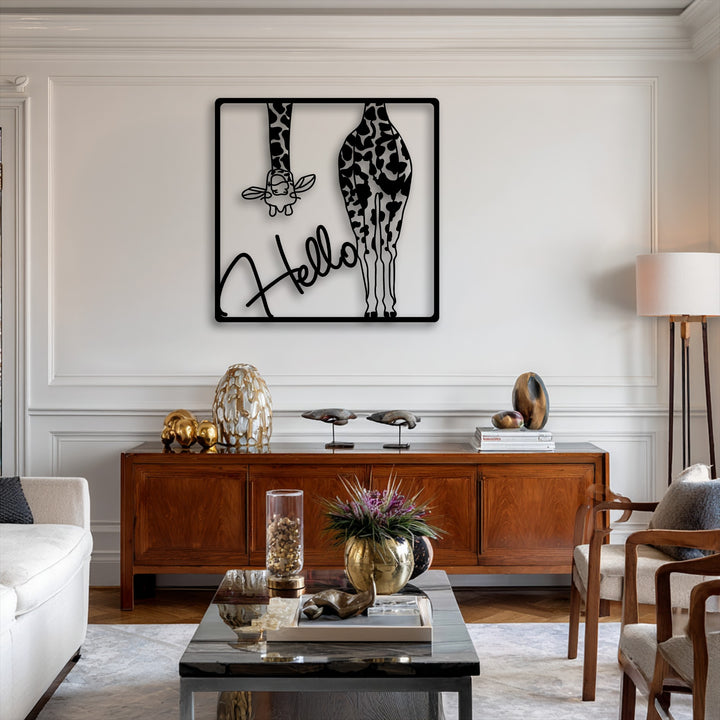 The loudest element is the prominent black decorative metal art featuring a playful giraffe peeking and 'Hello' text, a delightful piece for modern interiors.