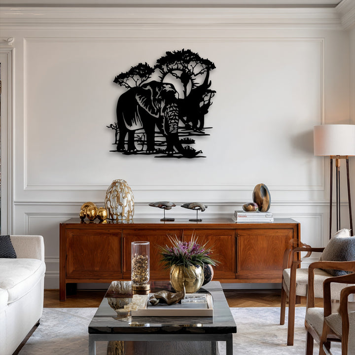 The decorative metal art displays striking geometric silhouettes of elephants and trees, forming a captivating Elephant Landscape Metal Wall Art.