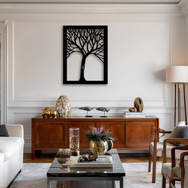 Highlighting superior material quality, this sleek abstract tree silhouette metal wall decor adds lasting elegance to modern interiors.