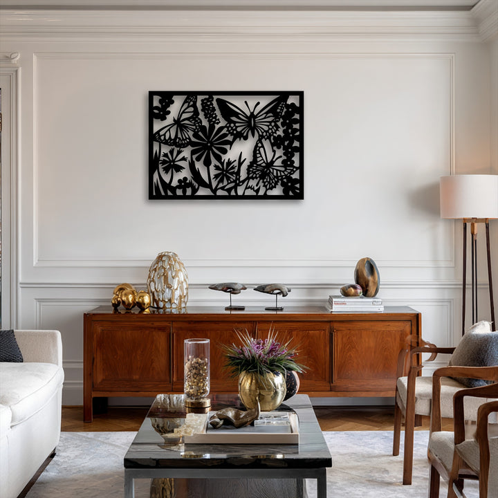 Stark color contrast highlights the black Butterfly Garden Metal Wall Art, a floral silhouette panel presenting striking metal art for wall decor.