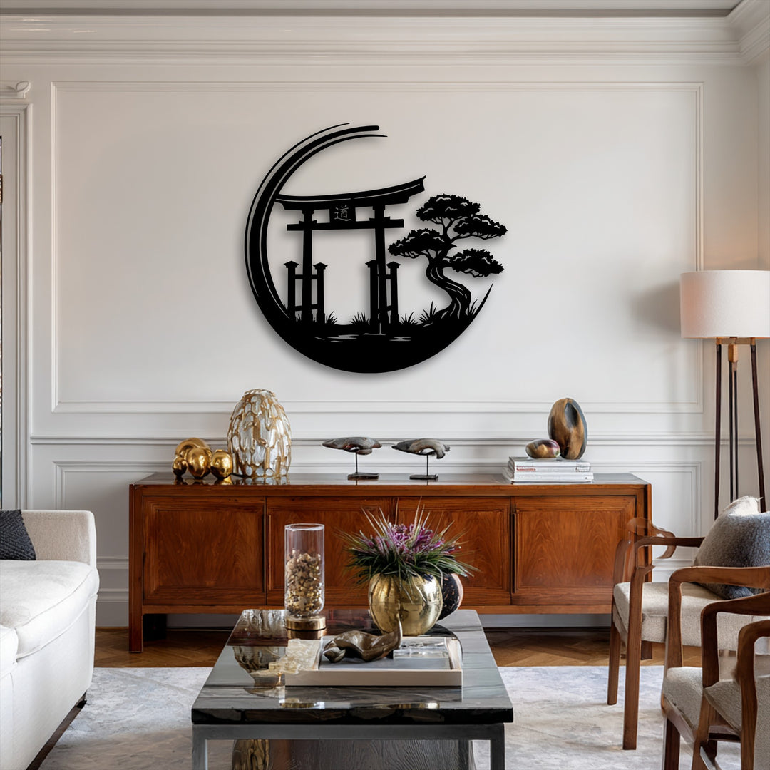 Sharp color contrast in this metal art for wall, depicting a Zen Garden Torii Gate in black against a clean white wall and warm wood accents.