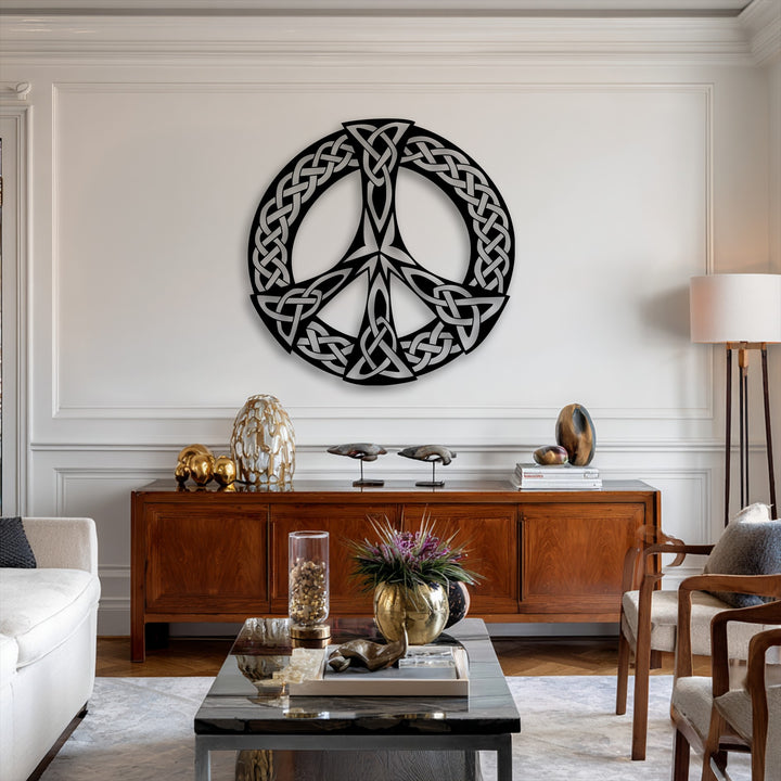 Organic forms intertwine in a striking Celtic knot peace symbol decorative metal art piece, showcasing intricate, flowing lines.