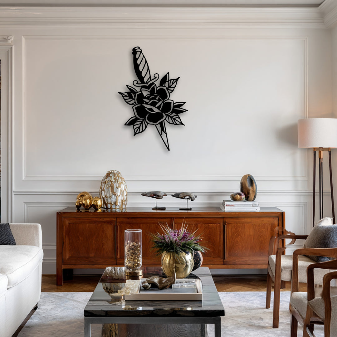 The dagger piercing the rose silhouette in the metal wall decor conveys a powerful, flowing sense of dynamic movement.