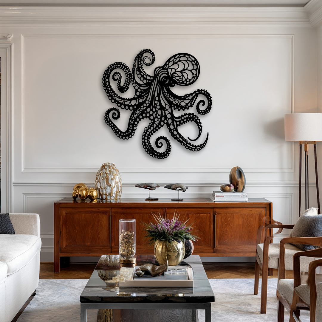 The brightest area, an expansive white wall, elegantly features the intricate black octopus decorative metal art.
