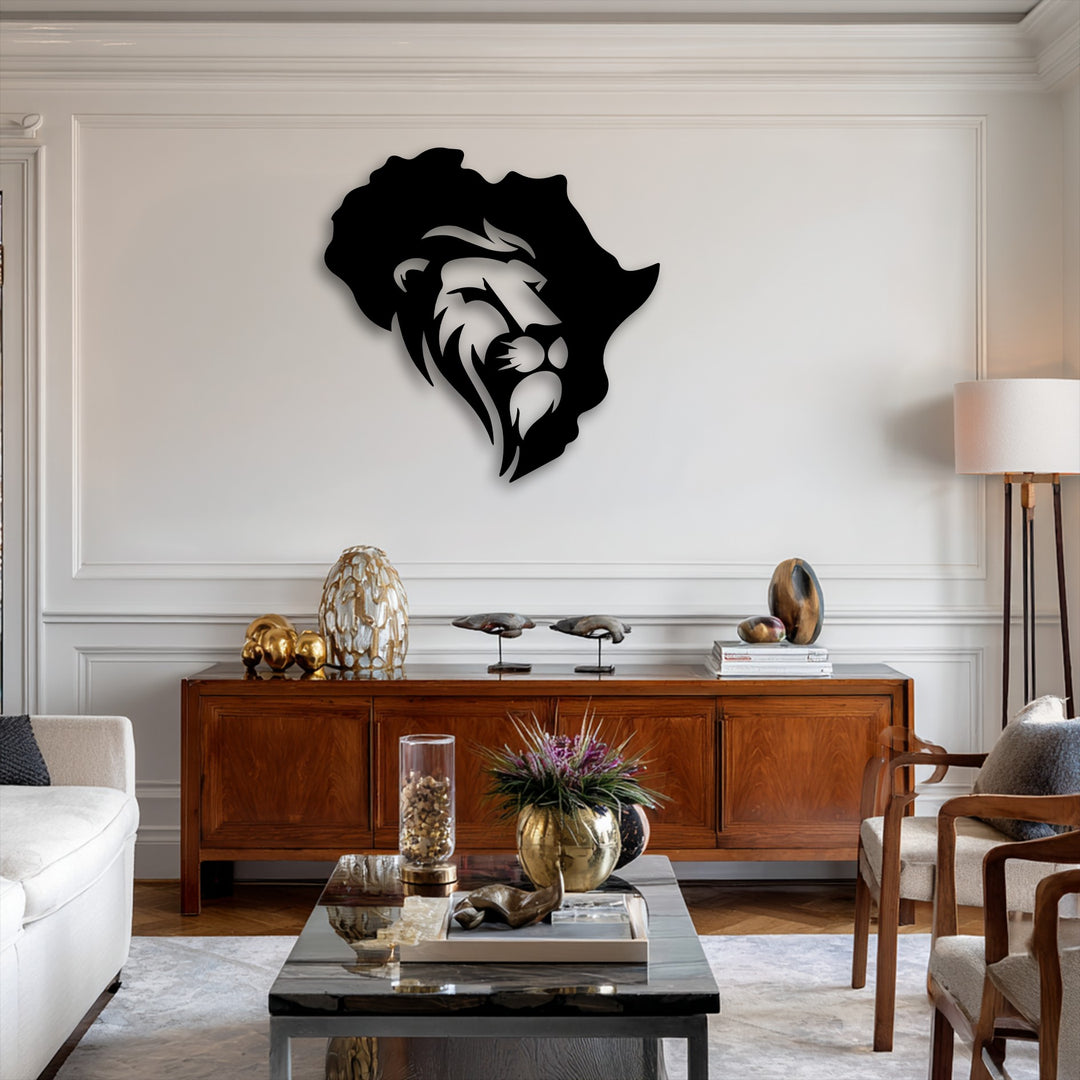 Centrally oriented, this striking Africa map metal wall decor features an integrated lion design, forming a bold, singular silhouette on the wall.