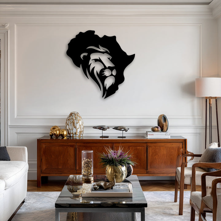 Centrally oriented, this striking Africa map metal wall decor features an integrated lion design, forming a bold, singular silhouette on the wall.