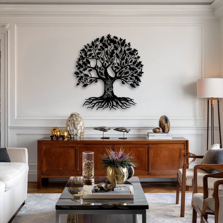 Vivid color contrast of the dark ornate Tree of Life metal wall art against a bright white wall makes captivating decoration wall art.