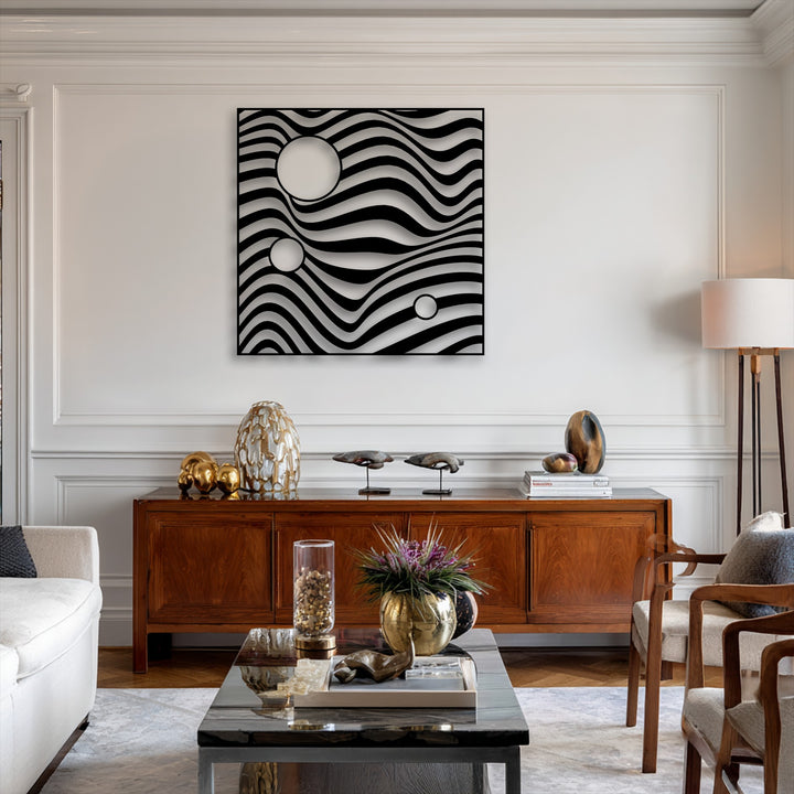 The visual rhythm of this abstract black metal decoration wall art showcases dynamic undulating wave lines and geometric circles.