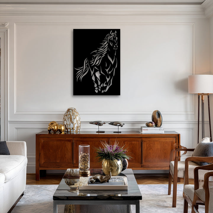 The striking color contrast of a wild spirit horse metal wall decor against a bright white wall creates a dynamic silhouette.