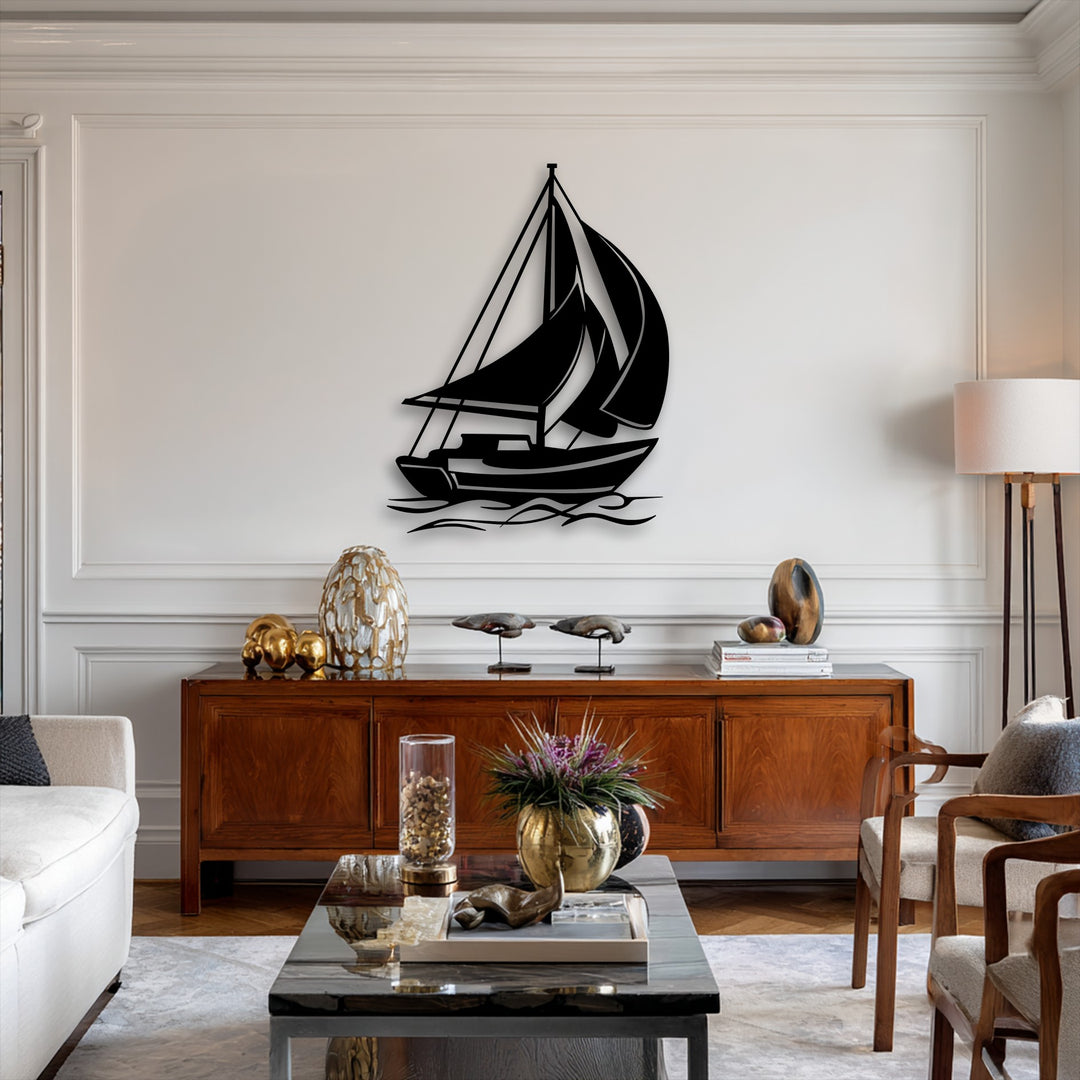 The dimensional black sailing boat decoration wall art creates a subtle layering effect against the white wall, casting soft shadows.