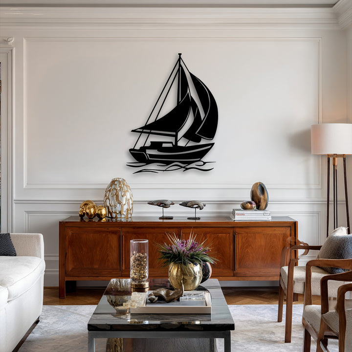 The dimensional black sailing boat decoration wall art creates a subtle layering effect against the white wall, casting soft shadows.