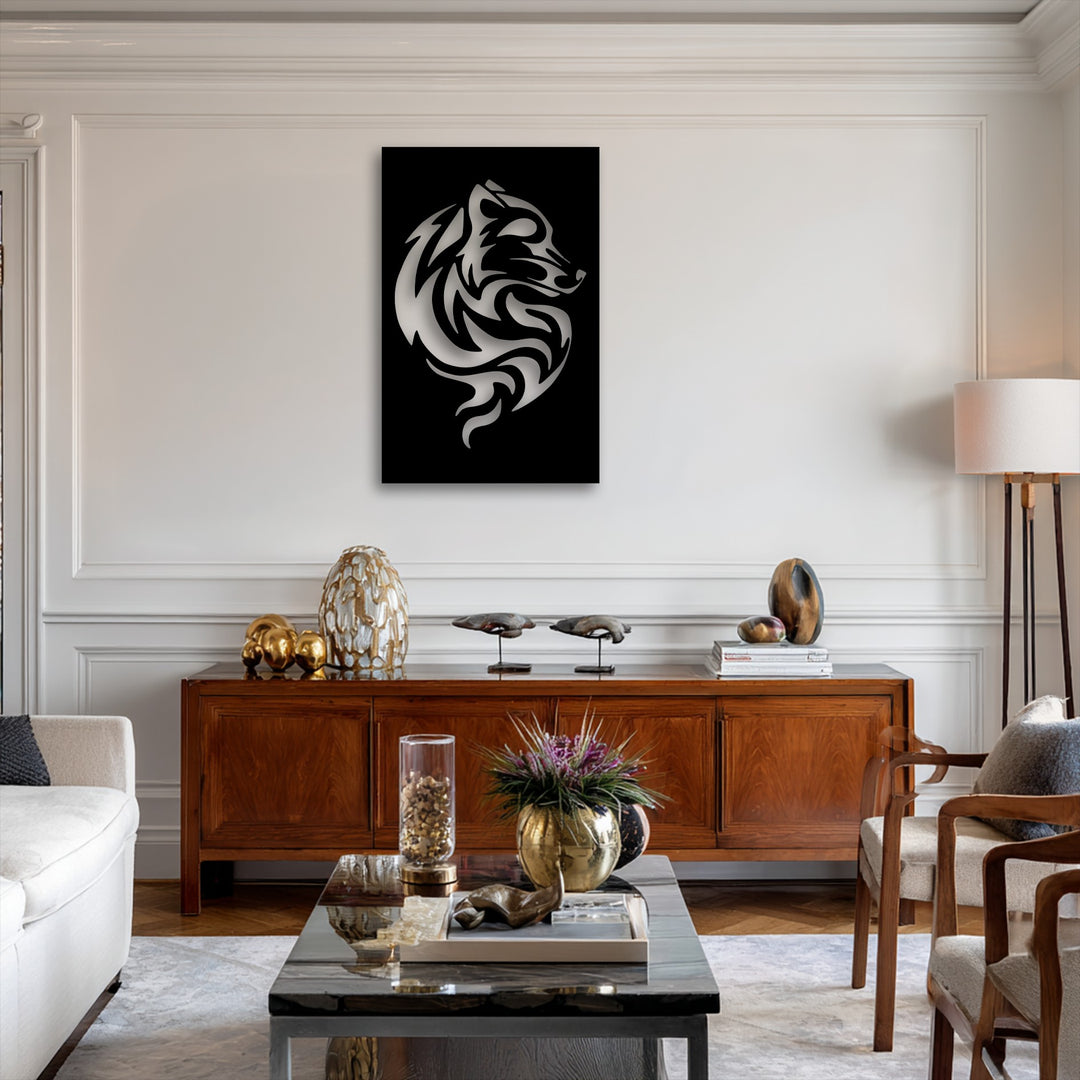 A rectangular and vertically oriented tribal wolf swirl metal art for wall, showcasing an abstract animal power design.