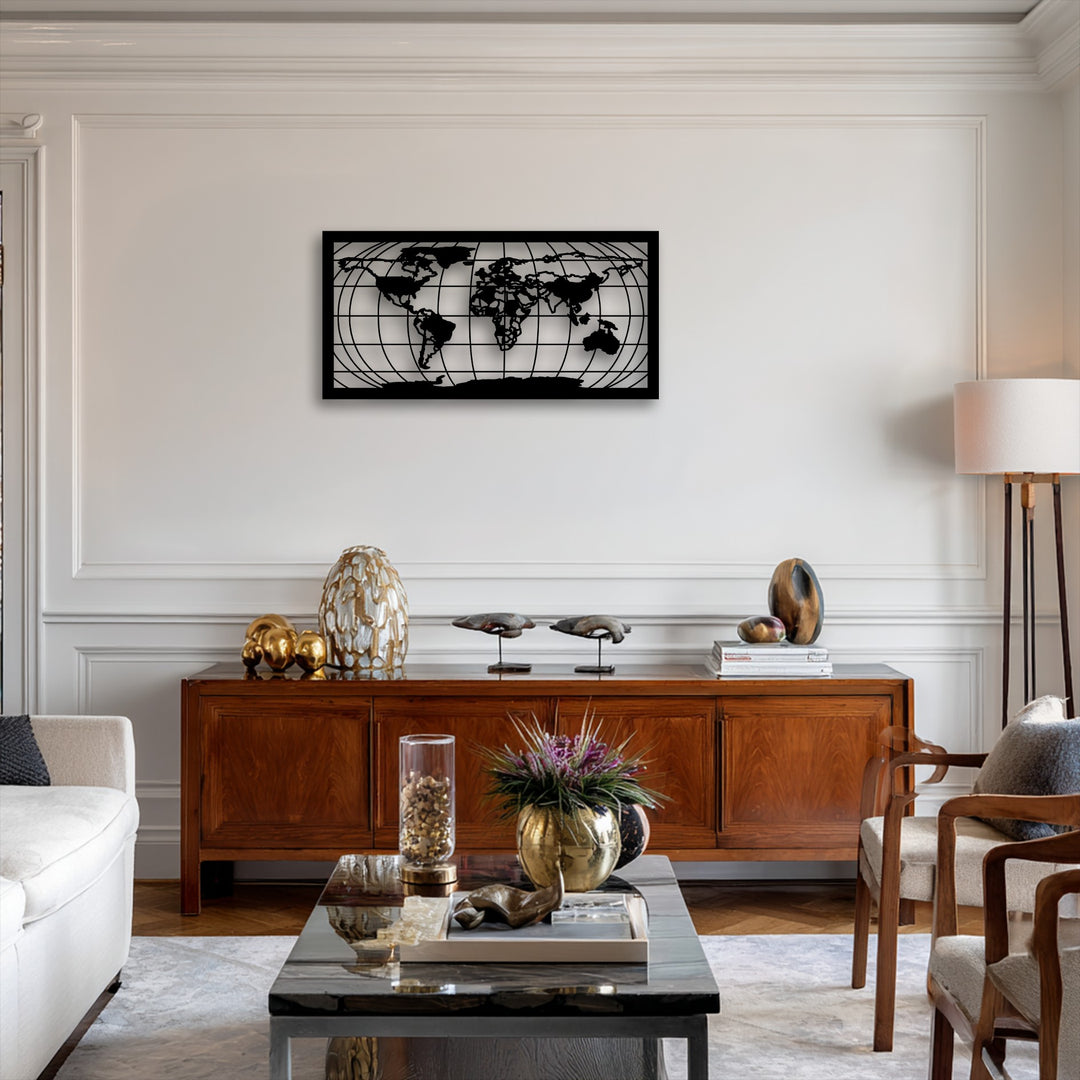 The darkest area is a prominent black world map grid silhouette, a sleek piece of modern decorative metal art positioned above a console.