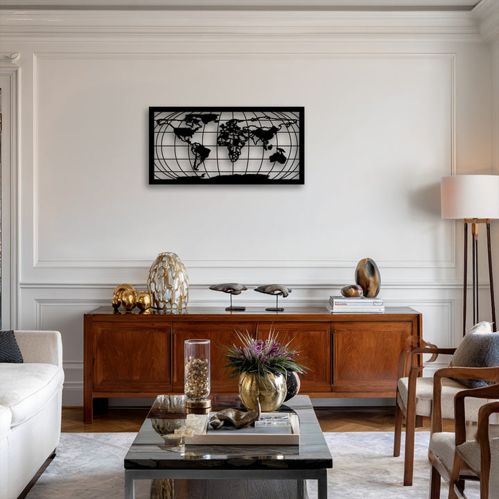 The darkest area is a prominent black world map grid silhouette, a sleek piece of modern decorative metal art positioned above a console.