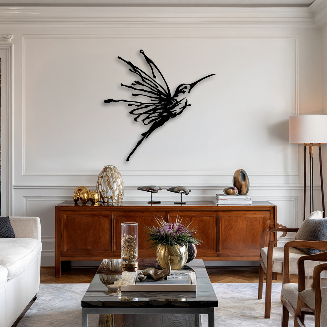 The superior material quality of this elegant Flying Hummingbird metal art for wall creates a striking, durable centerpiece.