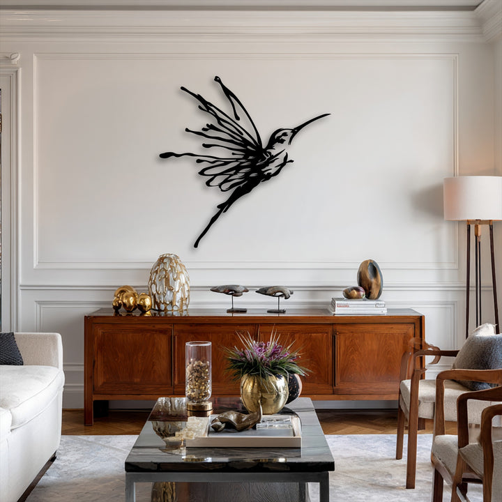 The superior material quality of this elegant Flying Hummingbird metal art for wall creates a striking, durable centerpiece.
