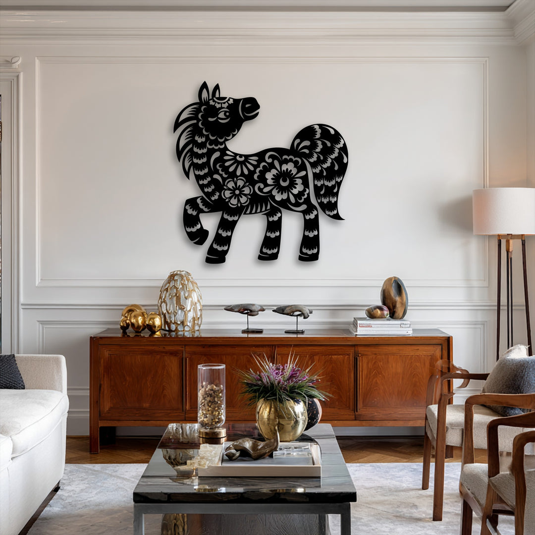 The charming and sophisticated mood of this living space is beautifully complemented by the decorative floral pony metal art for wall.
