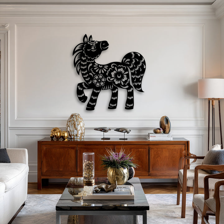 The charming and sophisticated mood of this living space is beautifully complemented by the decorative floral pony metal art for wall.