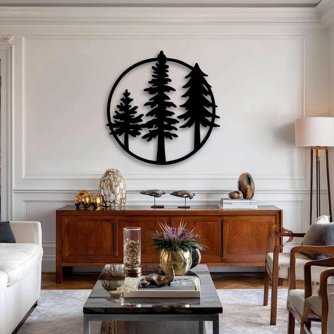 The sleek matte black finish of the circular evergreen minimalist forest metal wall decor offers a sophisticated touch.