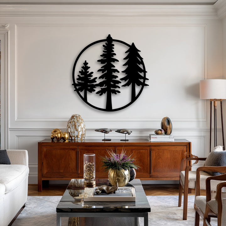 The sleek matte black finish of the circular evergreen minimalist forest metal wall decor offers a sophisticated touch.