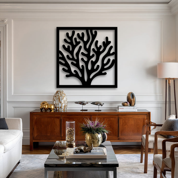The realistic detail of the decorative metal art showcasing an intricate black coral frame adds depth and texture to the modern living room decor.
