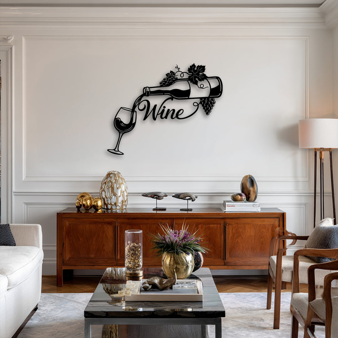 The organic forms of the decorative metal art showcase an elegant wine bottle pouring into a glass, adorned with natural grapevines.