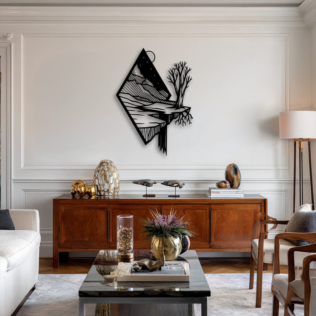 The realistic detail of this captivating floating mountain metal artwork features a solitary tree on a cliff overlooking a river.