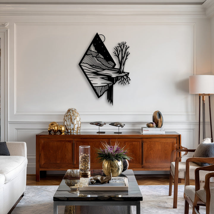 The realistic detail of this captivating floating mountain metal artwork features a solitary tree on a cliff overlooking a river.