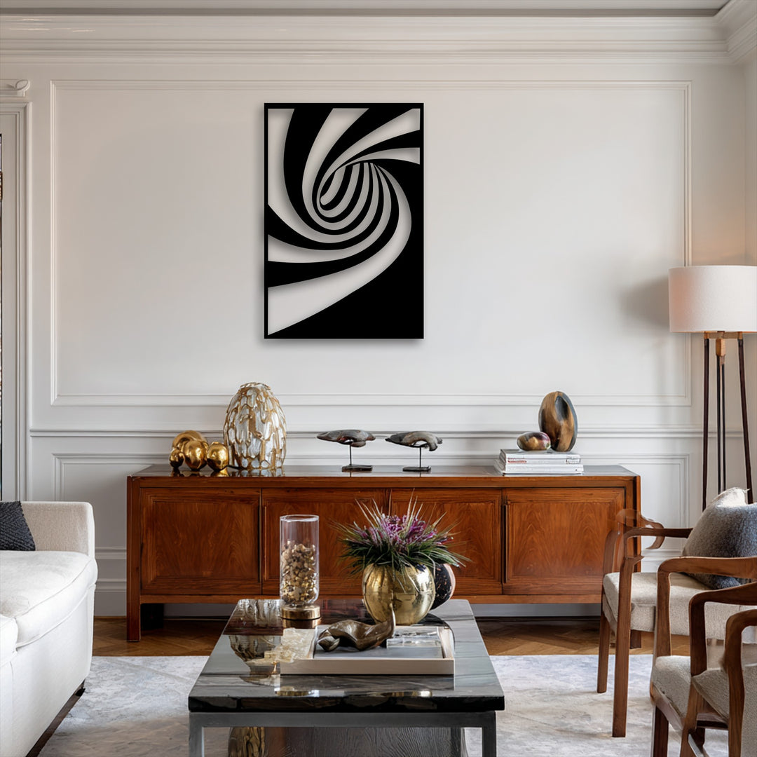 The layered black and white abstract spiral flow in this metal decoration wall art creates a captivating sense of dynamic depth.