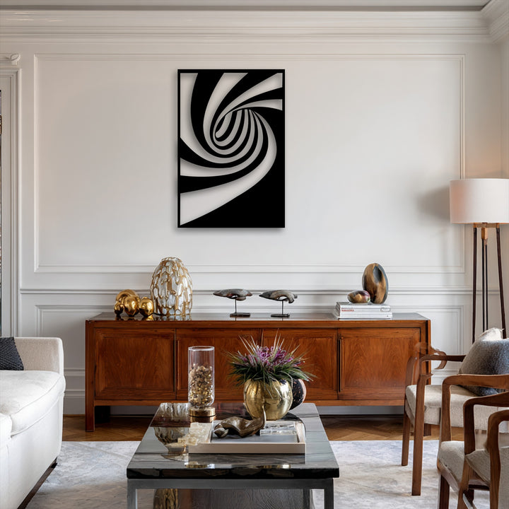The layered black and white abstract spiral flow in this metal decoration wall art creates a captivating sense of dynamic depth.