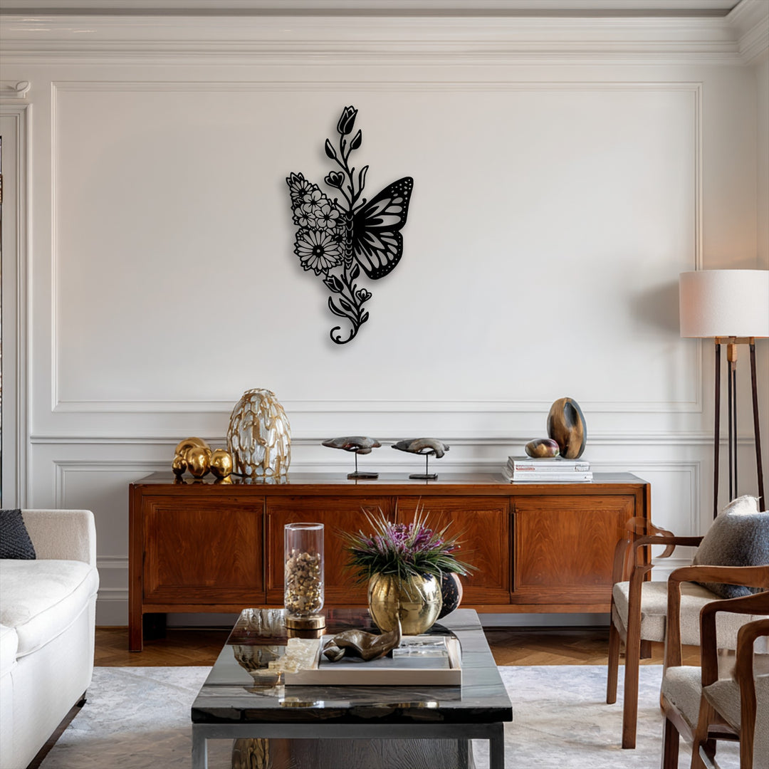 Stillness is captured by the elegant floral butterfly fusion decoration wall art on a pristine white wall, offering a peaceful scene.