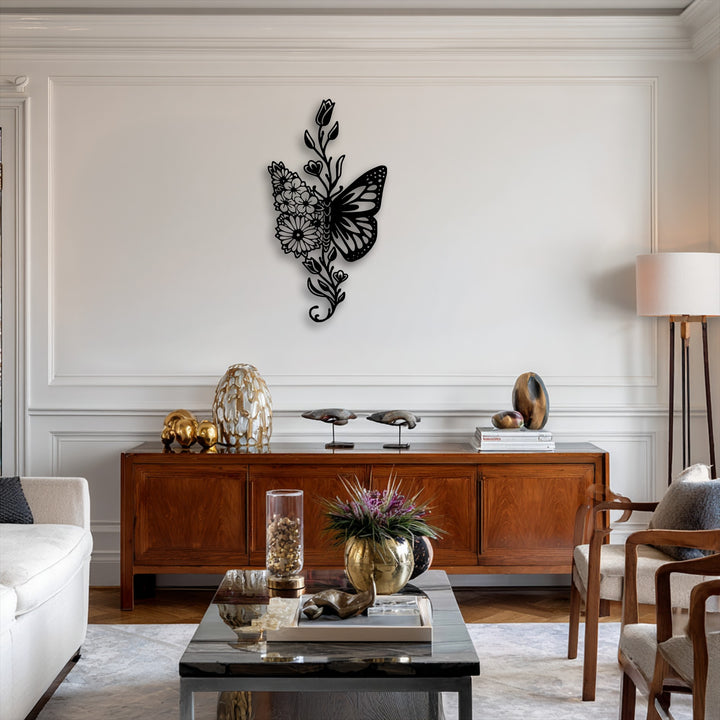 Stillness is captured by the elegant floral butterfly fusion decoration wall art on a pristine white wall, offering a peaceful scene.