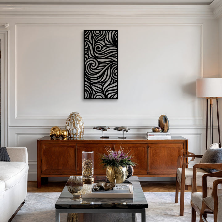 The abstract quality of this black metal art piece showcases dynamic flowing swirl patterns, making it a modern decoration wall art highlight.