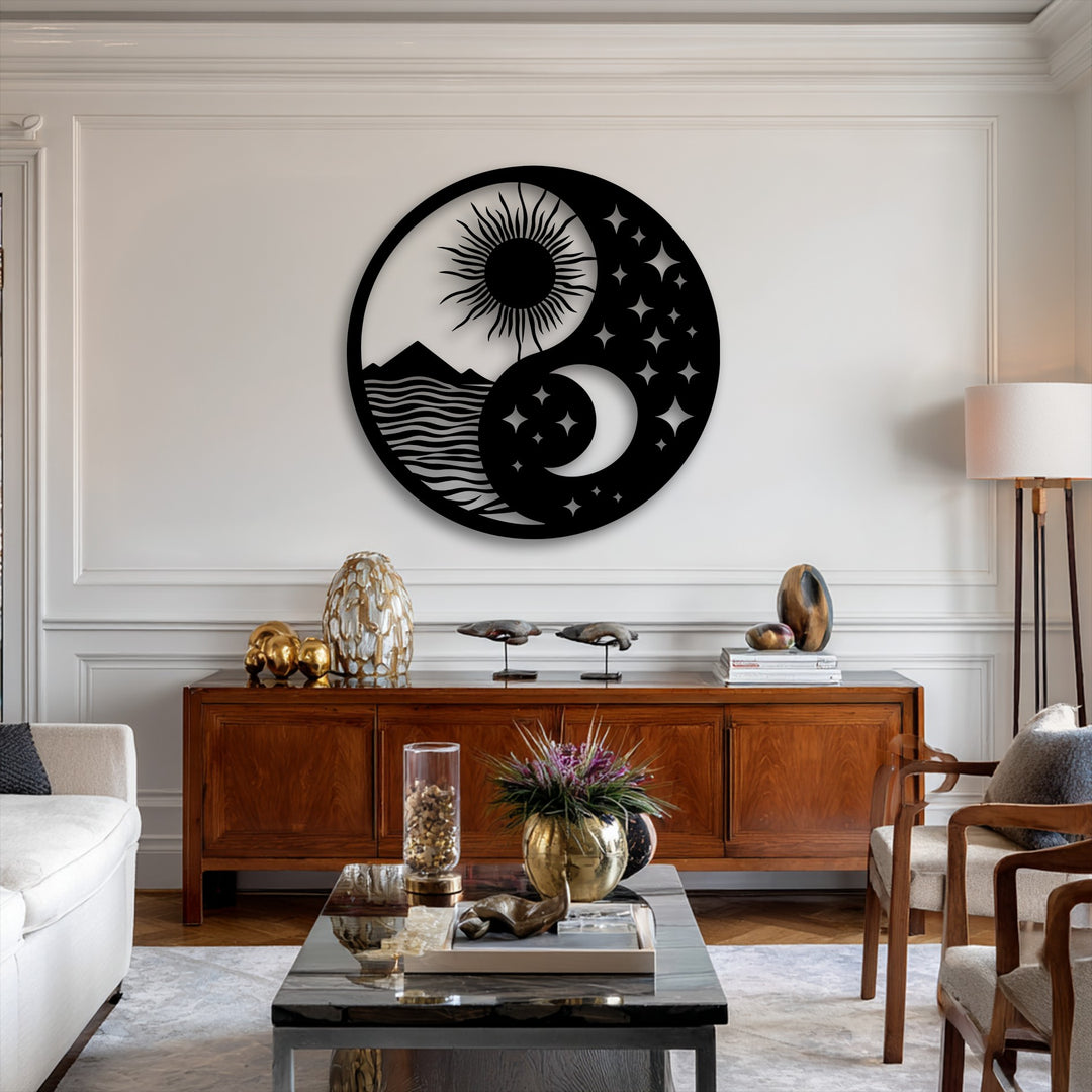 Creamy white walls elegantly showcase a striking black Celestial Balance Yin Yang decoration wall art with sun and moon landscape design.