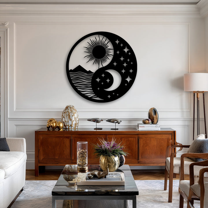 Creamy white walls elegantly showcase a striking black Celestial Balance Yin Yang decoration wall art with sun and moon landscape design.