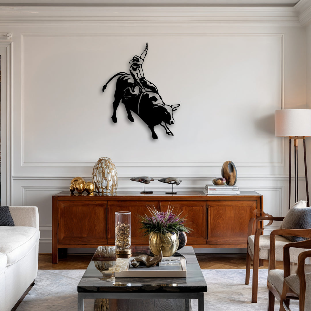 Expertly crafted metal decoration wall art depicting a rodeo cowboy on a bucking bull, showcasing superior material quality and intricate silhouette detail.