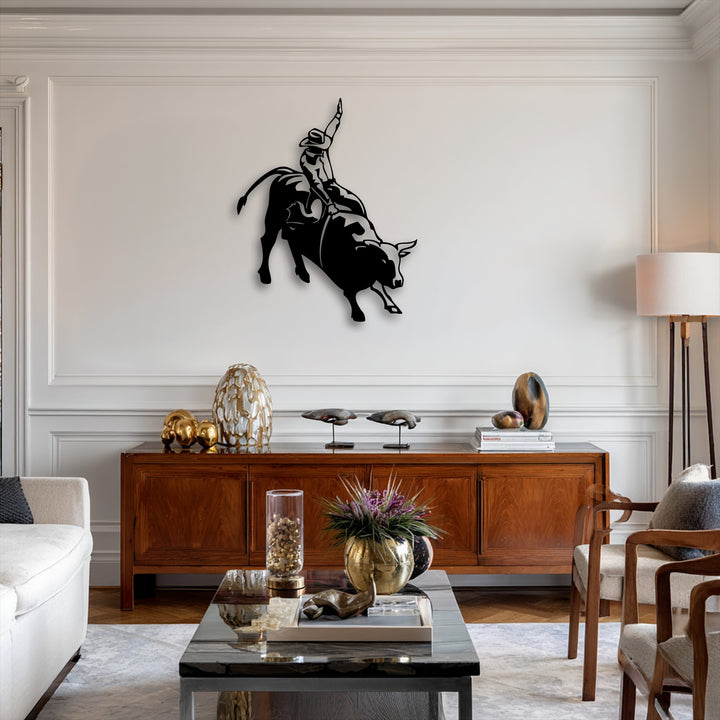Expertly crafted metal decoration wall art depicting a rodeo cowboy on a bucking bull, showcasing superior material quality and intricate silhouette detail.