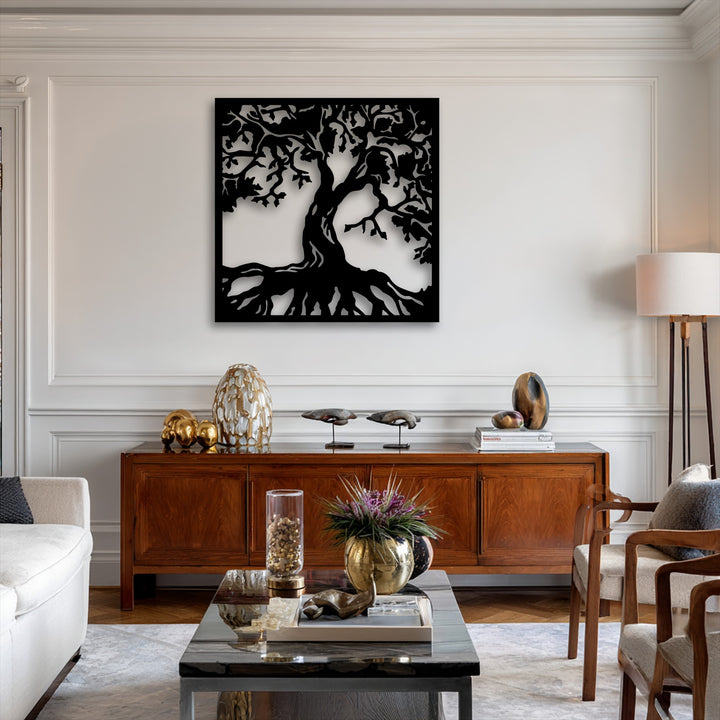 A dark marble coffee table, gold vase, and sculpture define the foreground, drawing attention to the majestic tree decoration wall art.