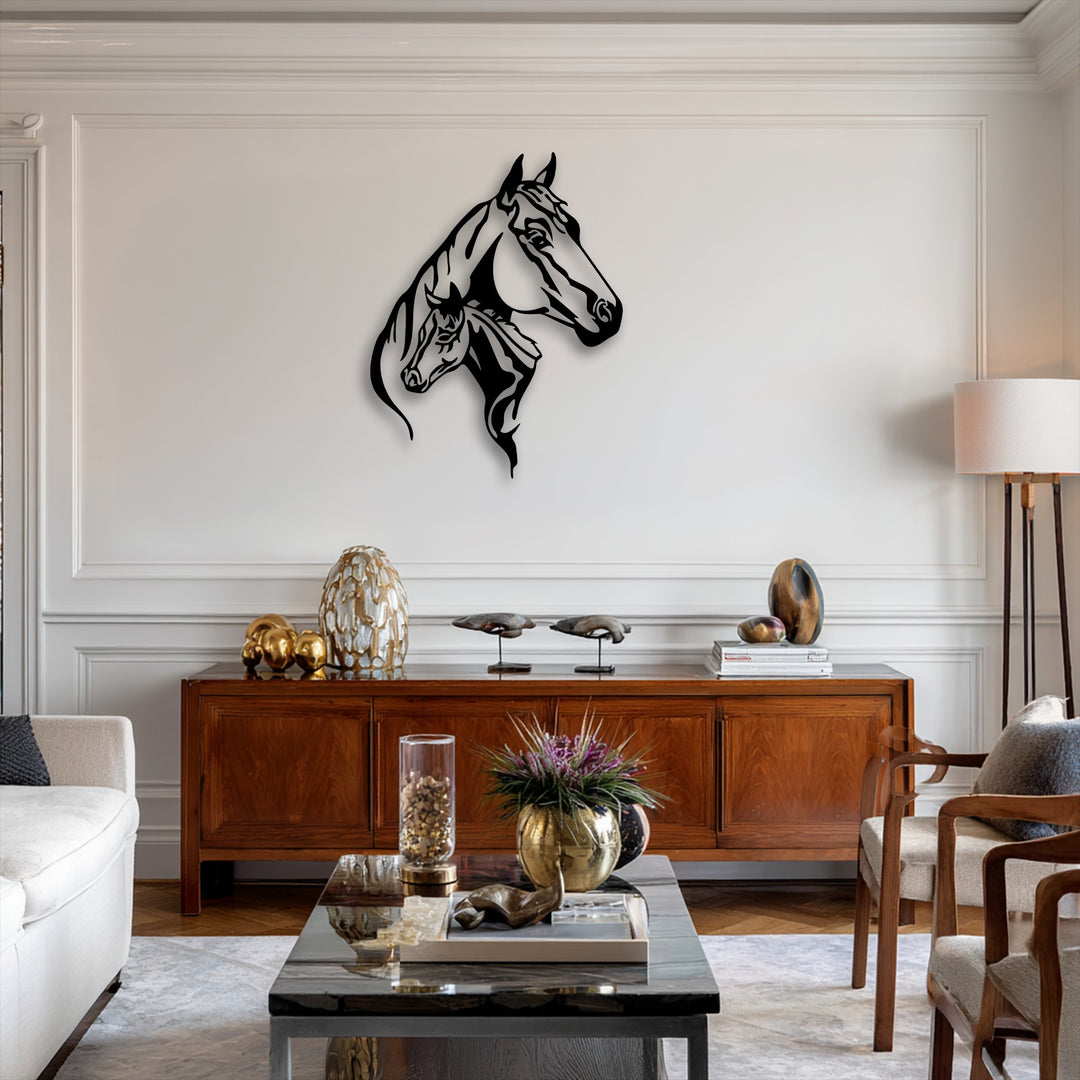 The prominent black dual horse head silhouette metal wall decor captivates against the bright white wall, featuring an elegant animal design.